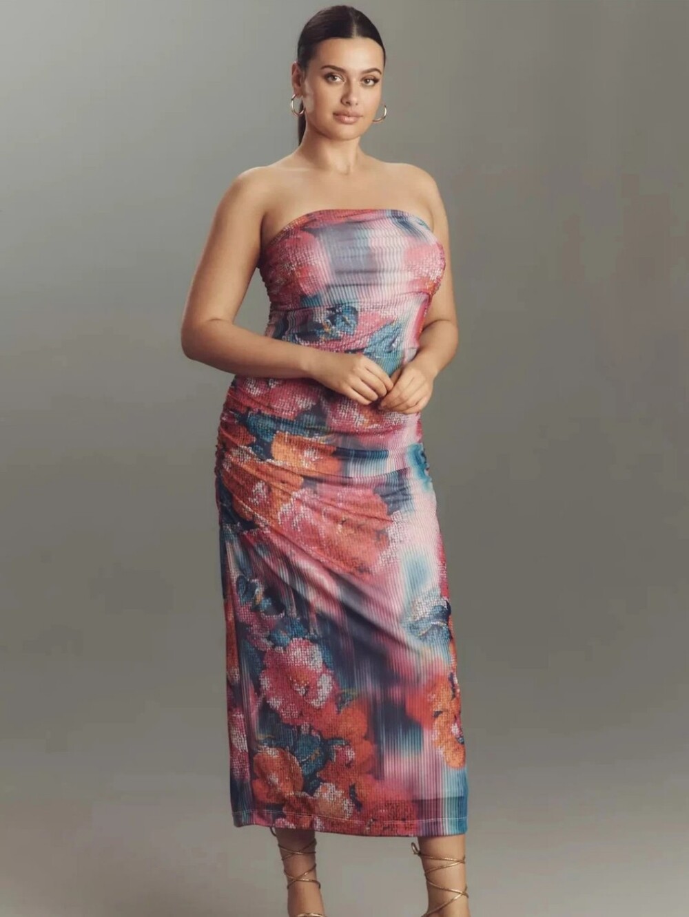 NWT Anthropologie The Soleil Slim Strapless Ruched Mesh Dress Midi Floral 2X